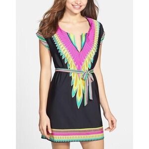 Trina Turk Dress Cover Up Colorful Print V Neck‎ Tie Waist Size S